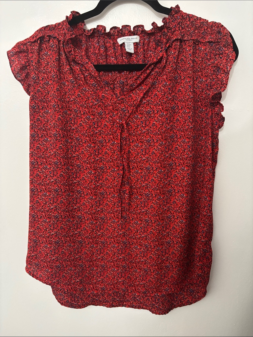 Carolina Belle Red Floral Ruffle Tie-Neck Cap Sleeve Blouse